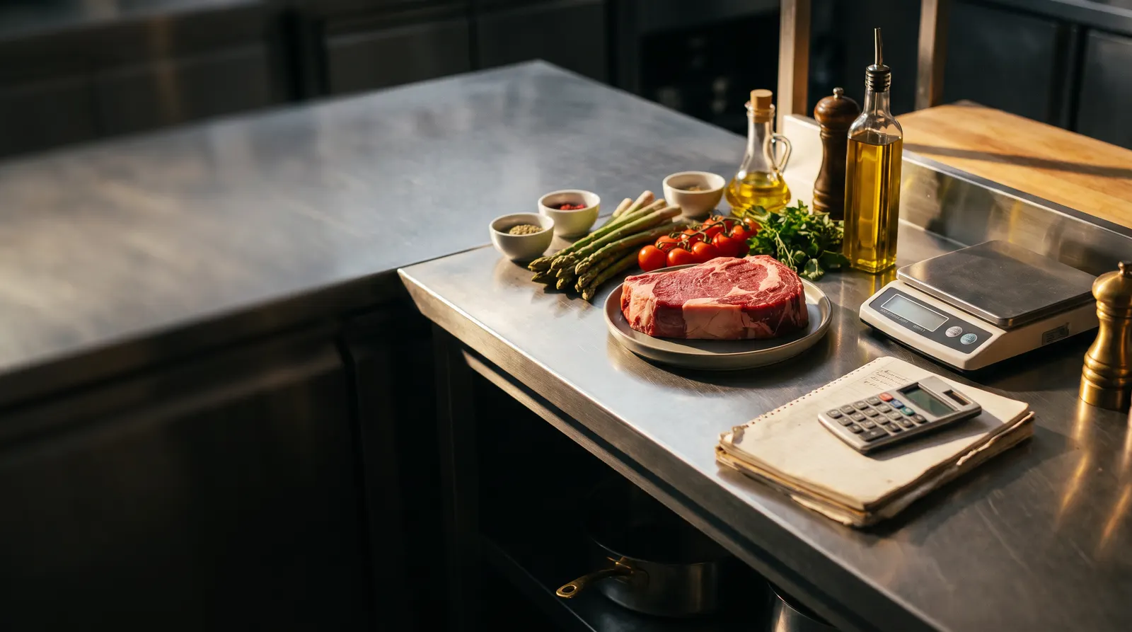 Mesa de acero de una cocina profesional con los ingredientes de un plato junto a una báscula digital, una libreta y una calculadora.