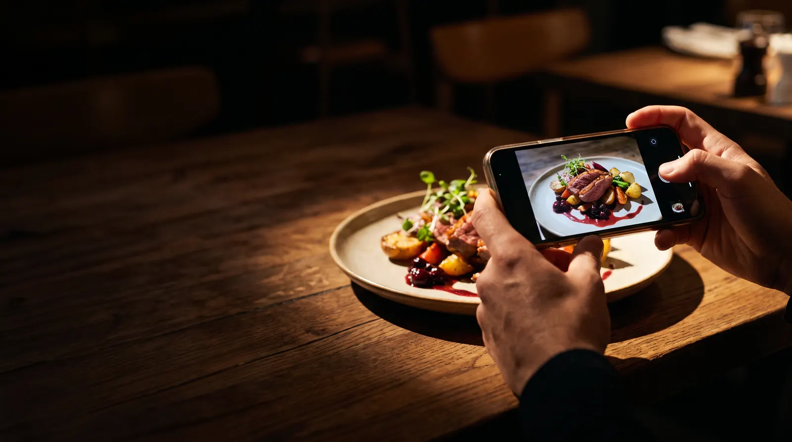 Manos fotografiando con el móvil un plato bien emplatado sobre la mesa de madera de un restaurante.