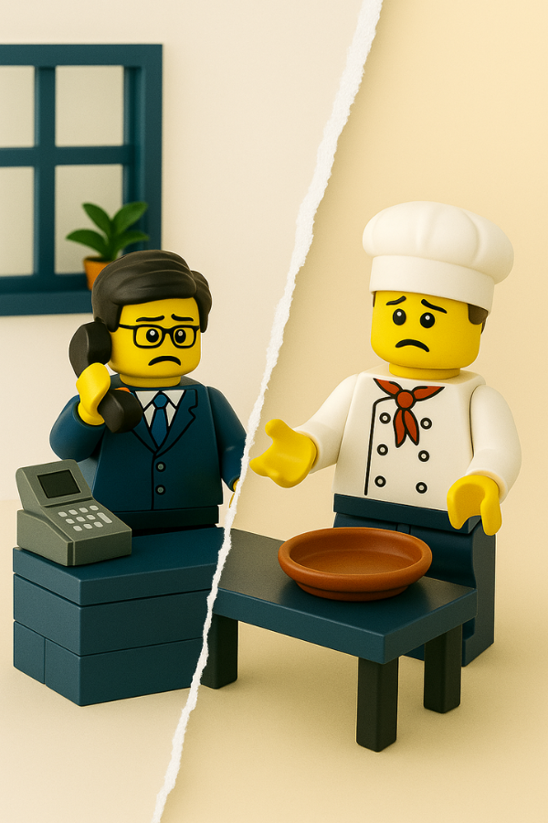 Ejemplo de Gestión de recursos humanos en hostelería. Imagen creada mediante talleres de Lego Serious Play en las que se ven cinco figuras LEGO, con señales en diferentes direcciones simbolizando la falta de visión común en un equipo.