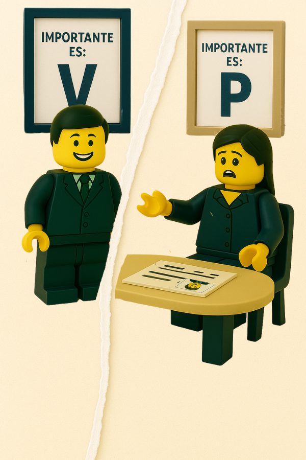 Ejemplo de Gestión de recursos humanos en hostelería. Dos figuras LEGO separadas por una línea muestran carteles con mensajes distintos (“Importante es: V“ y “Importante es: P“), reflejando la falta de alineación y comunicación entre departamentos.