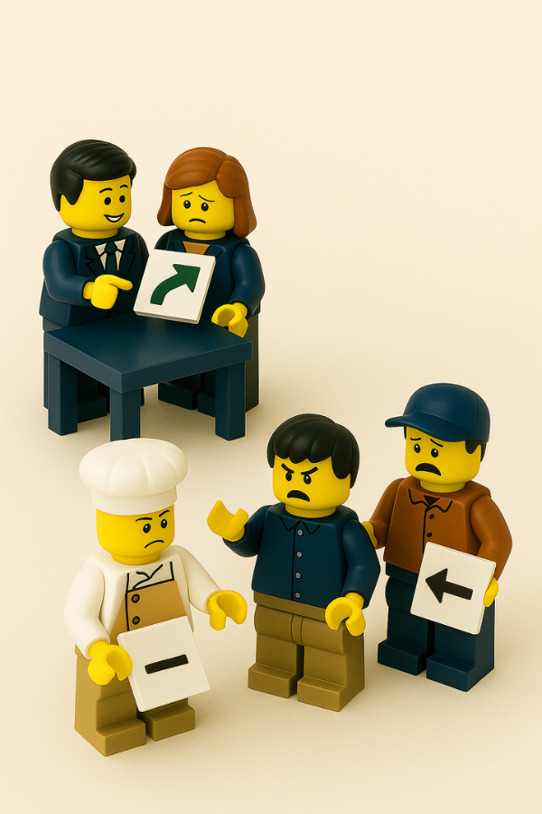 Ejemplo de Gestión de recursos humanos en hostelería. Fotografía rasgada por la mitad, Dos figuras LEGO separadas por la línea de rasgado: una en oficina con teléfono y otra en cocina con expresión de frustración.