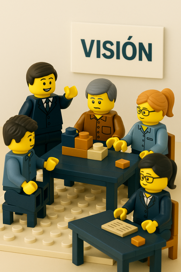Ejemplo de Gestión de recursos humanos en hostelería. Grupo de figuras LEGO reunidas alrededor de una mesa con bloques de construcción y un cartel con la palabra “Visión”, simbolizando un proceso participativo de gestión del cambio en una organización.