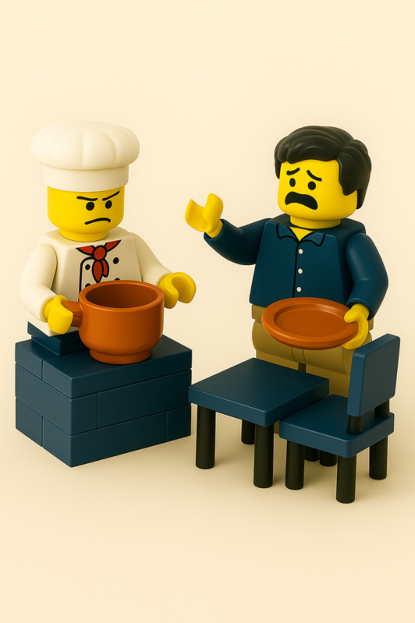 Ejemplo de Gestión de recursos humanos en hostelería, Falta de coordinación entre cocina y sala representada con figuras LEGO®. Escena simbólica de Lego Serious Play que ilustra un problema común en hostelería resuelto con estrategias de equipo de S&M HostelGestión.