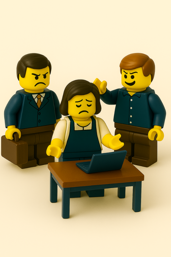 Ejemplo de Gestión de recursos humanos en hostelería. Escena con figuras LEGO®  hechas mediante dinámicas Lego Serious play que representa la rotación de personal y la desmotivación en equipos de hostelería. Imagen simbólica del enfoque humano y motivacional de Sym HostelGestión.