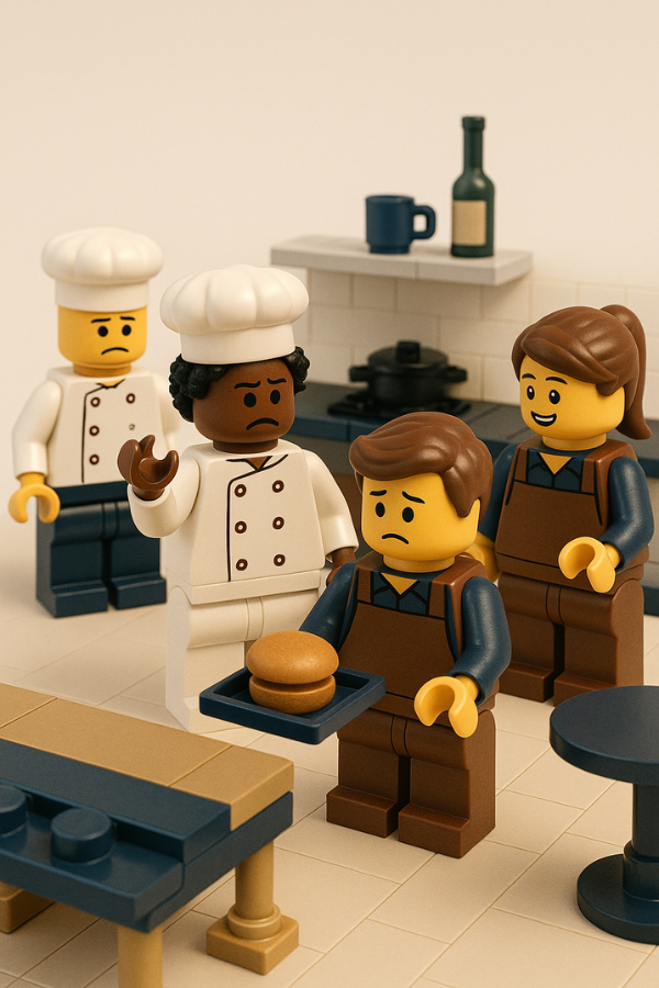 Ejemplo de Gestión de recursos humanos en hostelería. Escena de figuras LEGO en una cocina: un nuevo trabajador con gesto de incertidumbre recibe indicaciones de un chef.