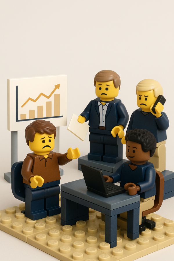 Ejemplo de Gestión de recursos humanos en hostelería. Imagen Lego Serios Play. Grupo de profesionales con expresiones serias revisando resultados en pantalla y gráfico de rendimiento, evidenciando falta de reconocimiento o espacios para feedback en el equipo.