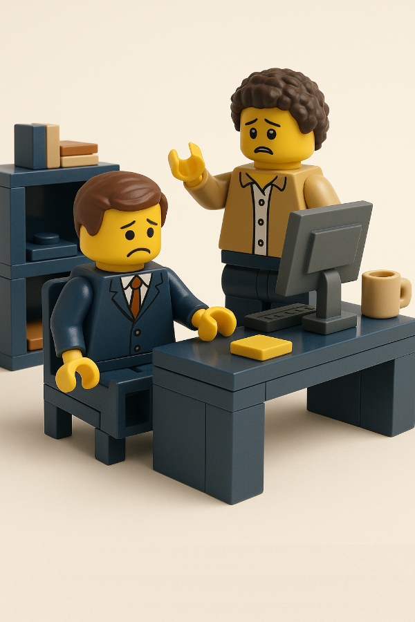 Ejemplo de Gestión de recursos humanos en hostelería. Dos figuras LEGO preocupadas frente a un ordenador en una oficina, representando un entorno laboral desmotivado que refleja un employer branding débil y poco atractivo.