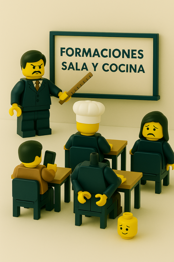 Ejemplo de Gestión de recursos humanos en hostelería. Escena Lego serious play creada por S&M HostelGestión representando figuras LEGO en una clase pasiva con un instructor serio señalando una pizarra que dice “Formaciones Sala y Cocina”; una cabeza de figura separada en el suelo representa desconexión o falta de implicación.