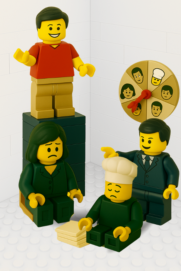 Ejemplo de Gestión de recursos humanos en hostelería. Escena LEGO donde una figura es ascendida al azar mediante una ruleta mientras otras personas muestran frustración y desconcierto, ilustrando una promoción interna sin criterios objetivos.