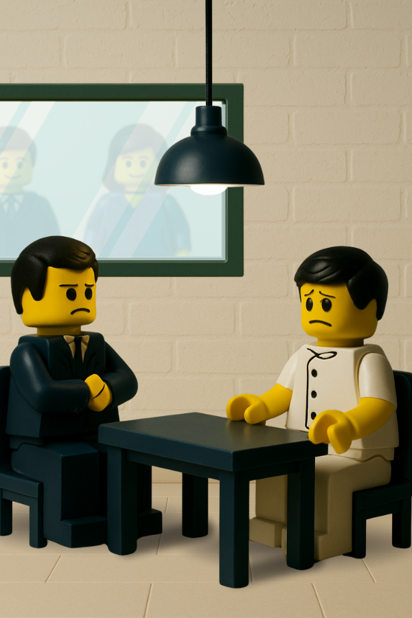 Ejemplo de Gestión de recursos humanos en hostelería. Dos figuras LEGO en una entrevista de trabajo tensa bajo una lámpara colgante, mientras otras personas observan tras una ventana; simboliza un proceso de selección poco transparente y poco efectivo.